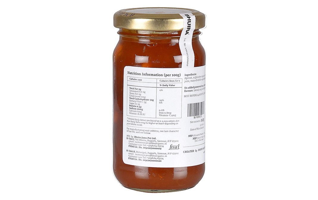 Bhuira Apricot Jam    Glass Jar  240 grams